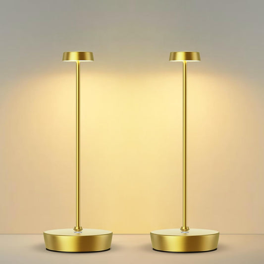 Cordless LED Table Lamp，Rechargeable Battery Desk Lamps, 3 Color Stepless Dimmable Metal Battery Table Lamps, Portable Waterproof Table Light for Indoor/Outdoor/Restaurant (2Pack Brass)