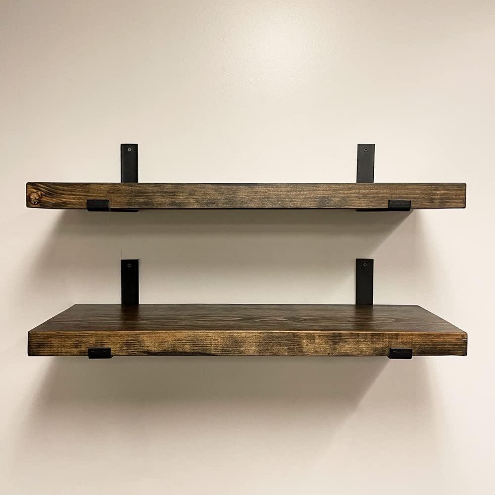 Rustic Shelves with J-Brackets Set of 2, Industrial Shelf, Kitchen Shelves, Solid Wood, Decorative Wall Storage, Heavy Duty, URBANDI (Dark Brown, 24Wx12D)