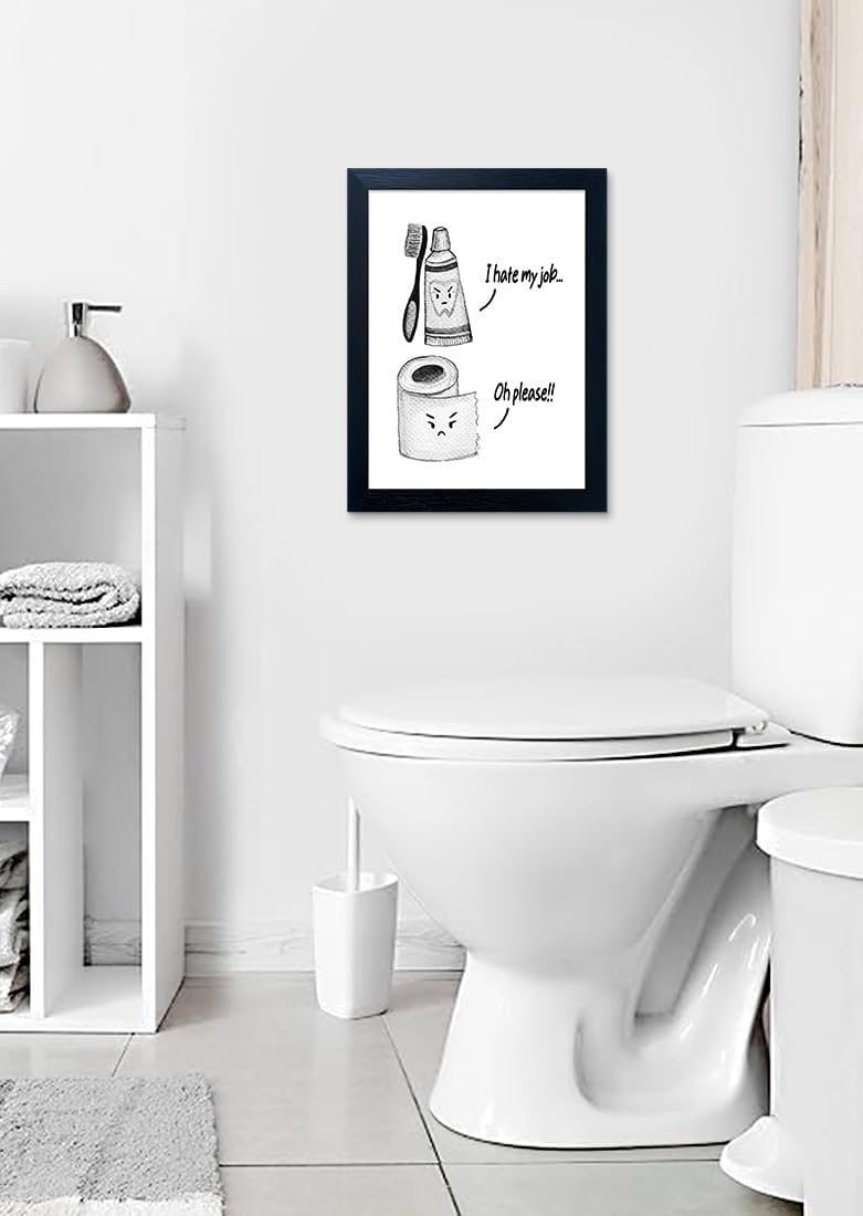 Boswaydeco Kids Bathroom Decor Wall Art Cute Children's Bathroom Wall Decor Small Funny Toliet Paper and Toothbrush Print Black and White Artwork for Guest Rom