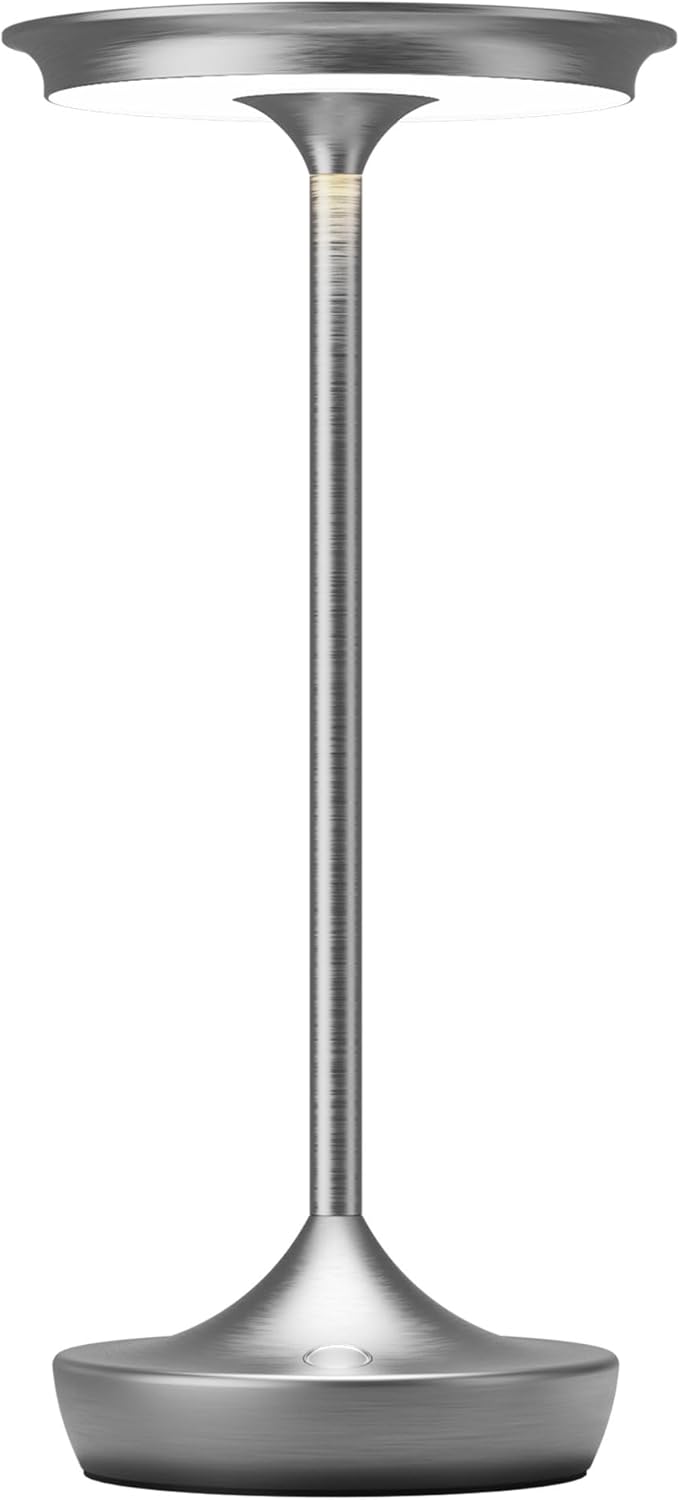 YHT Cordless Rechargeable Table Lamps, Portable 6000mAh Battery Desk Lamp Waterproof 3 Color Stepless Dimming LED Table Light with Memory Function for Outdoor/Dinning/Patio/Restaurant (Sliver 1Pack)