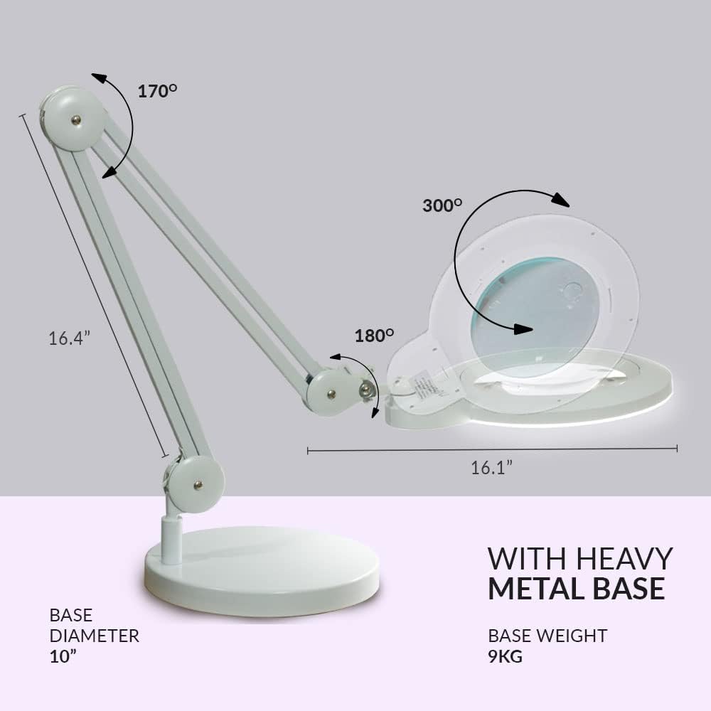 Neatfi XL Bifocal LED Magnifying Lamp, 7-Inch Acrylic Lens, 5D/20D Magnification, Hands-Free, Dimmable, 84 SMD LED, Adjustable Arm for Crafts, Reading, Close Work (White, with Base)