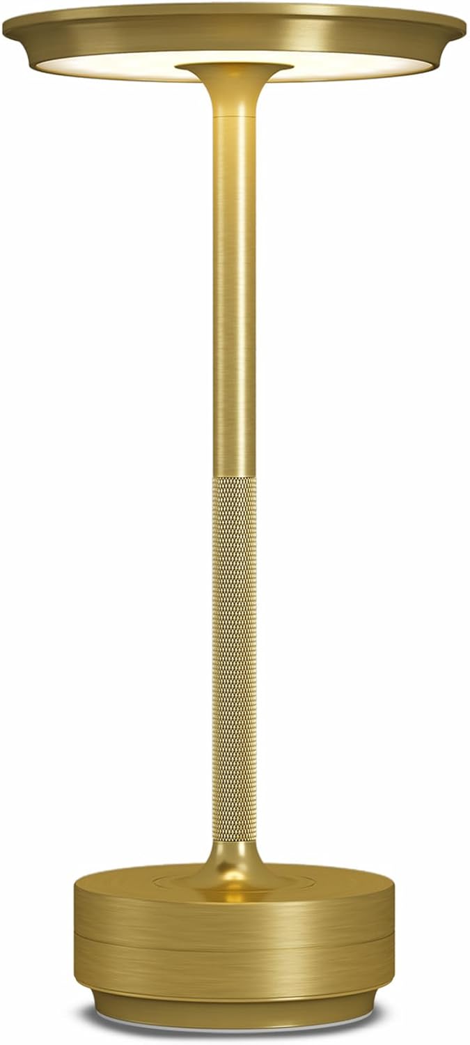 LED Rechargeable Cordless Table Lamp, Battery Operated Stepless Dimming Modern Portable Outdoor Table Light for Dining Restaurant Patio.(Brushed Gold)