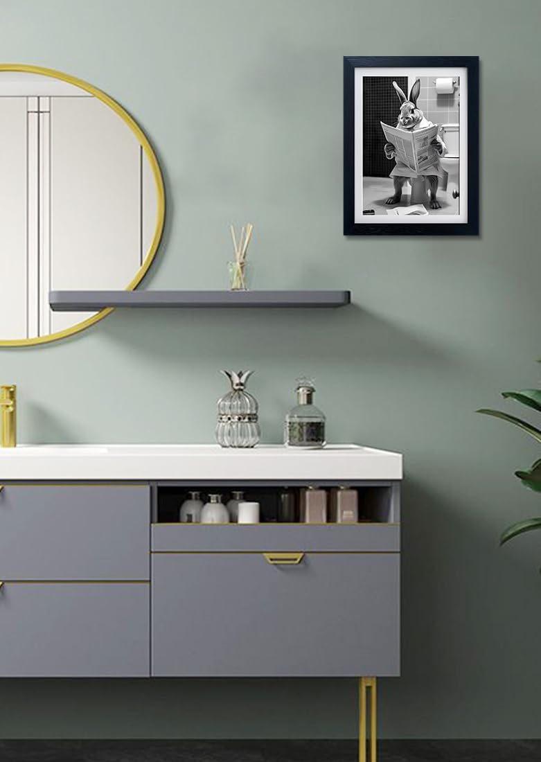 Kids Bathroom Wall Art Cute Rabbit Reading Newspaper in the Toilet Decor Black and White Farmhouse Animal Wall Art Canvas Print Funny Bathroom Picture Artwork