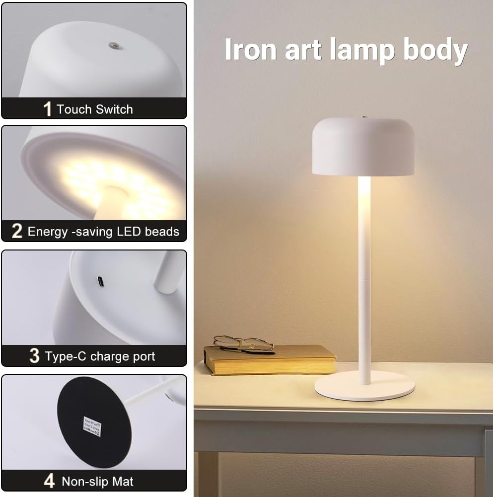 Modern Cordless Table Lamp, Portable LED Desk Lamps, 6000mAh Rechargeable Battery Operated Lighting for Bedroom Dining Room Restaurant Coffee Shop Camping Night Light (White)