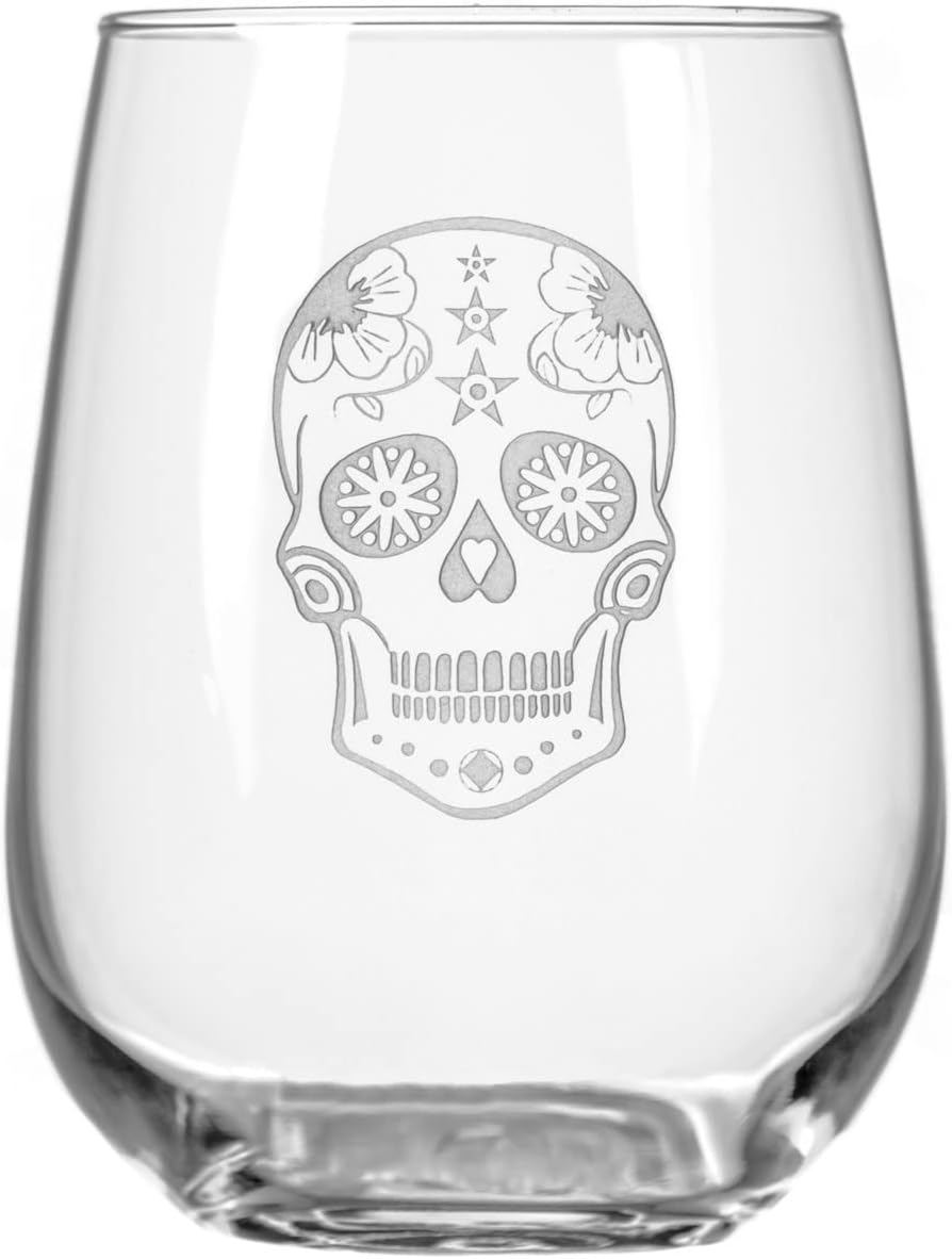 Rolf Glass Sugar Skull Stemless Wine Glass (Set of 4), 17 oz, Clear