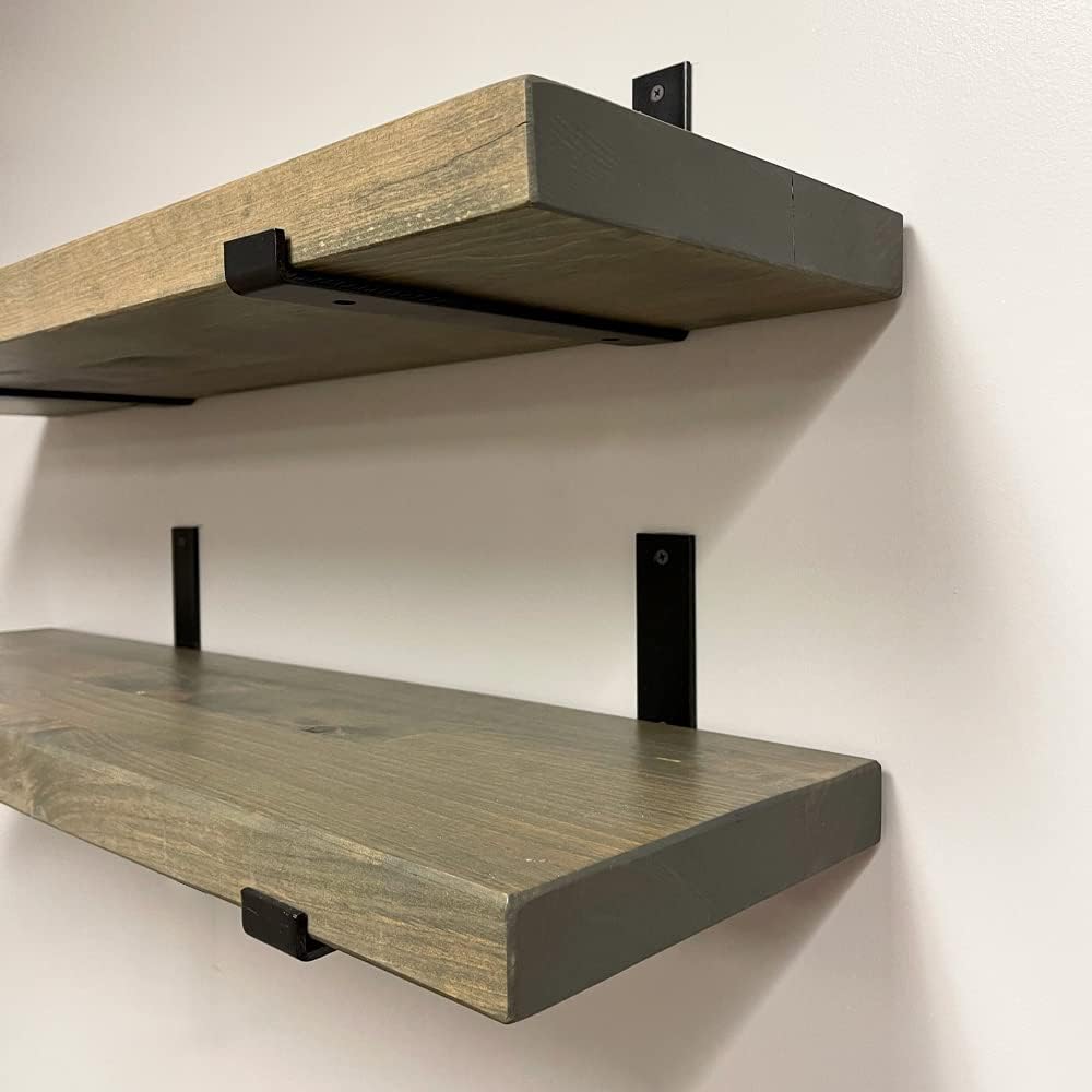 Rustic Shelves with J-Brackets Set of 2, Industrial Shelf, Kitchen Shelves, Solid Wood, Decorative Wall Storage, Heavy Duty, (Grey, 48Wx6D)