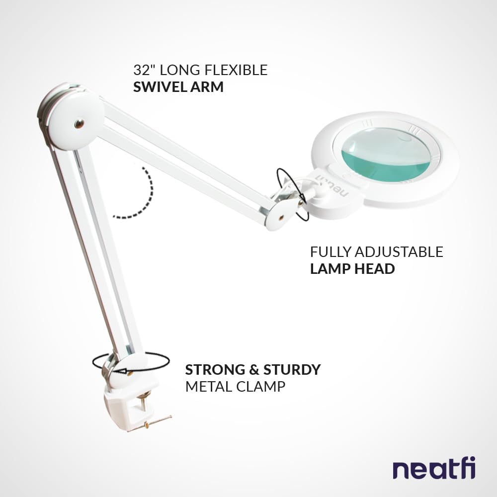Neatfi XL Bifocal LED Magnifying Lamp, 7-Inch Lens, 5D/20D Magnification, Hands-Free, Dimmable, 84 SMD LED, Adjustable Arm for Crafts, Reading, Close Work (White, Glass Lens with Clamp)