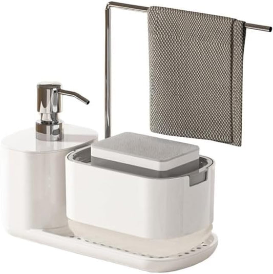 Kitchen Soap Dispenser Set with Sink Caddy-Hand and Dish Soap Dispenser with Sponge,Crevice Cleaning Brush,stailess Steel Scrubber, Sponge and discloth Holder 5-in-1 Organizer Set (White)