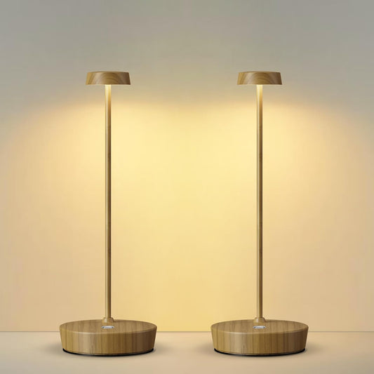 Cordless LED Table Lamp，Rechargeable Battery Desk Lamps, 3 Color Stepless Dimmable Metal Battery Table Lamps, Portable Waterproof Table Light for Indoor/Outdoor/Restaurant (2Pack Wood Grain)