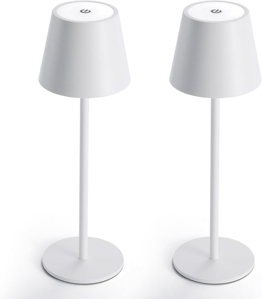 Maksone 2 Pack LED Cordless Table Lamp, 6600mWh Rechargeable Battery Desk Lamp, 3000K Stepless Dimming Night Light, IP54 Waterproof Metal Outdoor Portable Lamp for Camping, Restaurant (White)