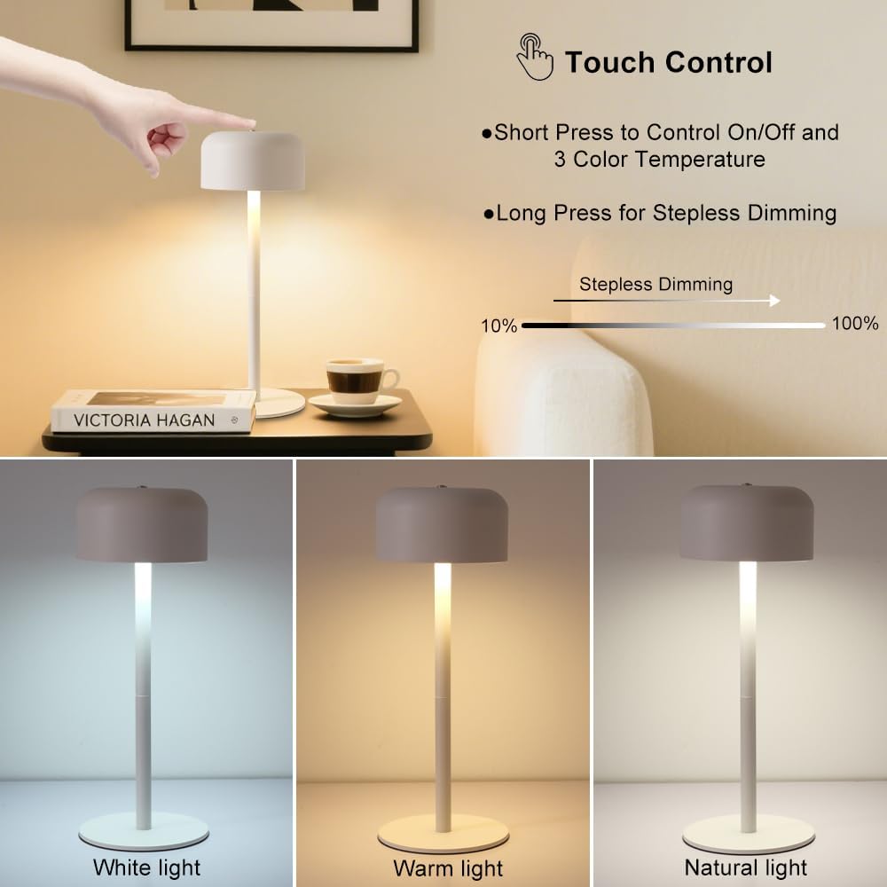Modern Cordless Table Lamp, Portable LED Desk Lamps, 6000mAh Rechargeable Battery Operated Lighting for Bedroom Dining Room Restaurant Coffee Shop Camping Night Light (White)