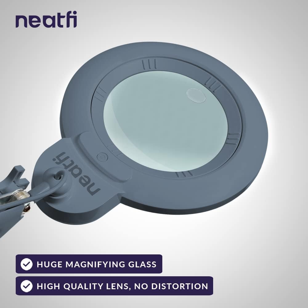Neatfi XL Bifocal LED Magnifying Lamp, 7-Inch Acrylic Lens, 5D/20D Magnification, Hands-Free, Dimmable, 84 SMD LED, Adjustable Arm for Crafts, Reading, Close Work (Gray, with Clamp)