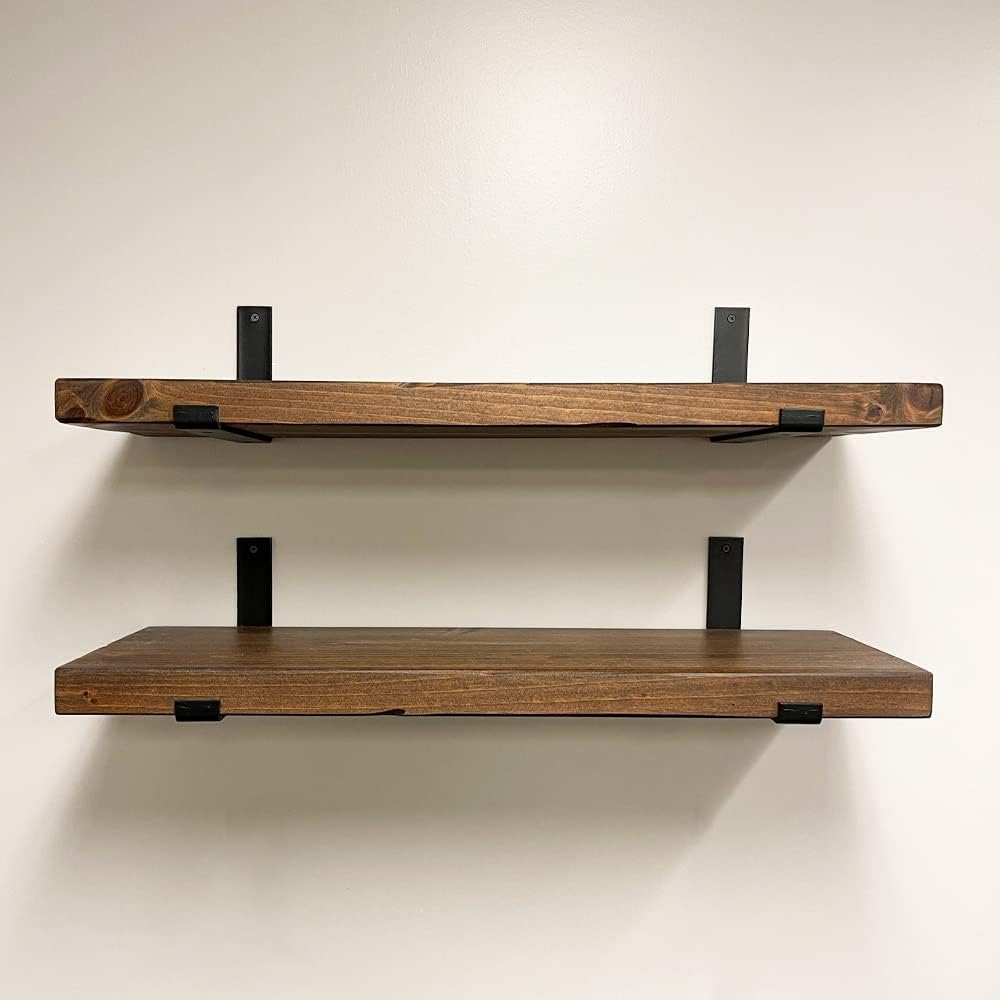 Rustic Shelves with J-Brackets Set of 2, Industrial Shelf, Kitchen Shelves, Solid Wood, Decorative Wall Storage, Heavy Duty, URBANDI (Provincial, 12Wx10D)