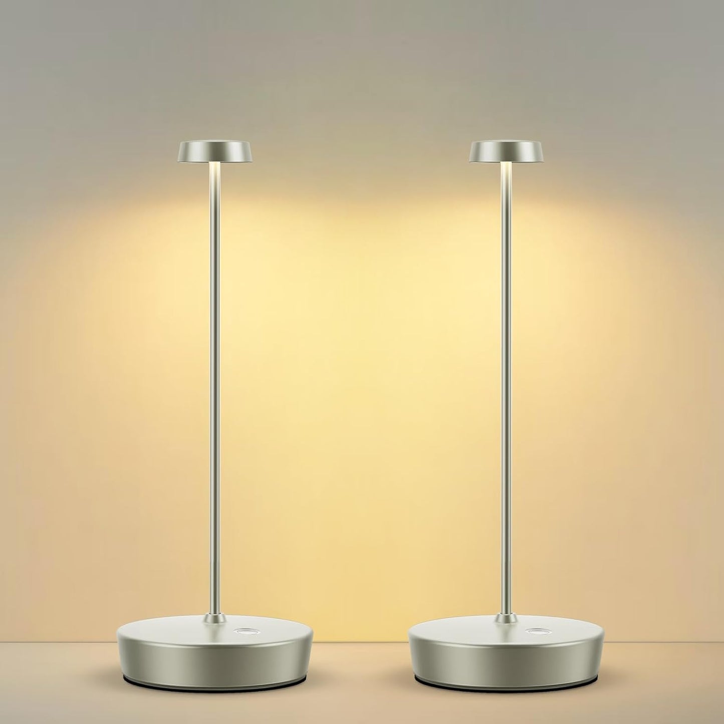 2Pack Cordless LED Table Lamp，Rechargeable Battery Desk Lamps, 3 Color Stepless Dimmable Metal Battery Table Lamps, Portable Table Light for Indoor/Outdoor/Restaurants/Bedroom/Bar