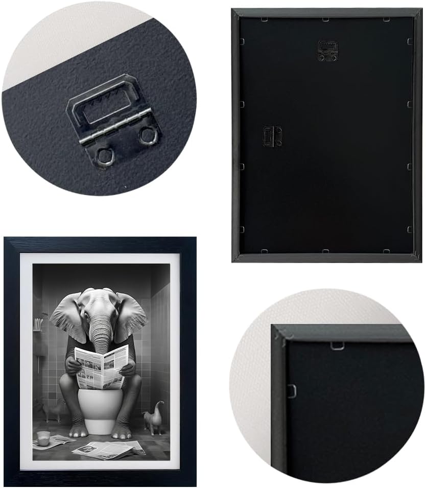 Bathroom Art Wall Decor Black and White Framed Bathroom Picture Canvas Print Elephant in Toilet Reading Newspaper Funny Animal Artwork