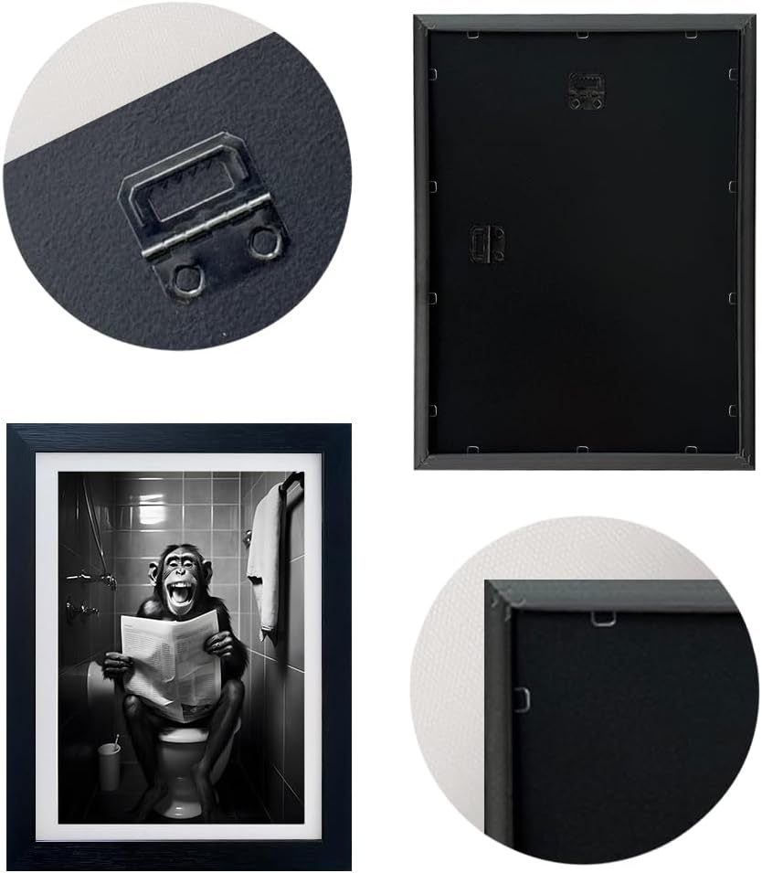 Famed Black and White Bathroom Wall Art Monkey Reading Newspaper Toilet Humor Decor Funny Bathroom Wall Decor Animal Canvas Print Artwork