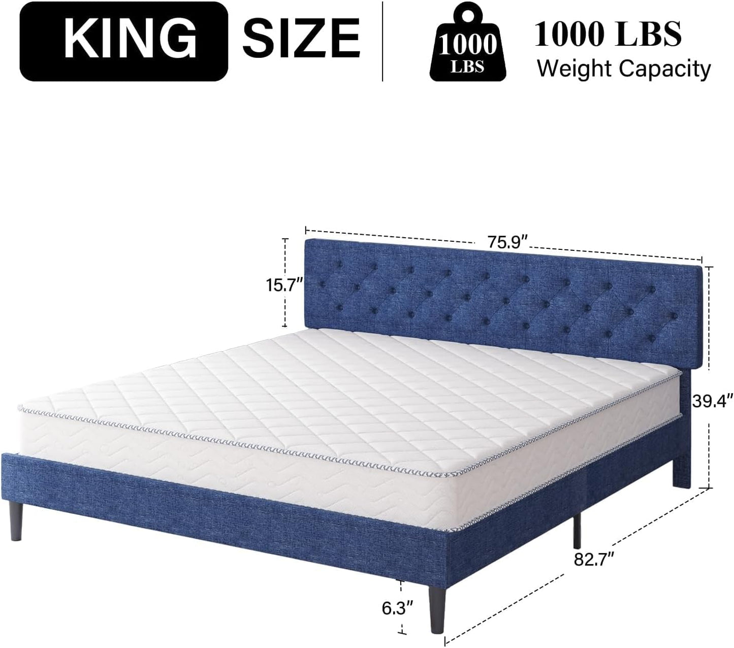 HOMBCK King Size Bed Frame and Headboard, Linen Fabric Upholstered Bed Frame King with Wood Slats, Button Tufted, No Box Spring Needed, Blue
