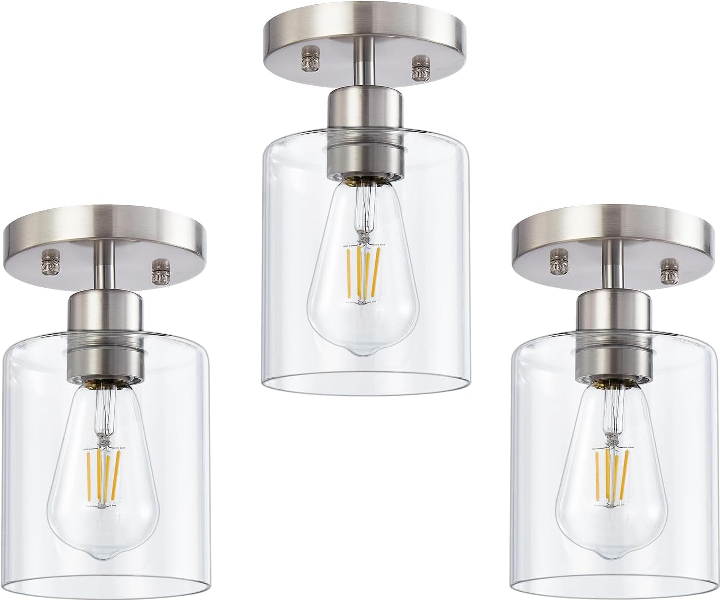 1-Light Semi Flush Mount Ceiling Lights, Brushed Nickel Kitchen Lighting Fixtures Ceiling, Modern Ceiling Light Fixtures with Clear Glass Shade for Hallway Foyer Entryway(3 Pack)