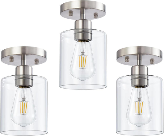 1-Light Semi Flush Mount Ceiling Lights, Brushed Nickel Kitchen Lighting Fixtures Ceiling, Modern Ceiling Light Fixtures with Clear Glass Shade for Hallway Foyer Entryway(3 Pack)