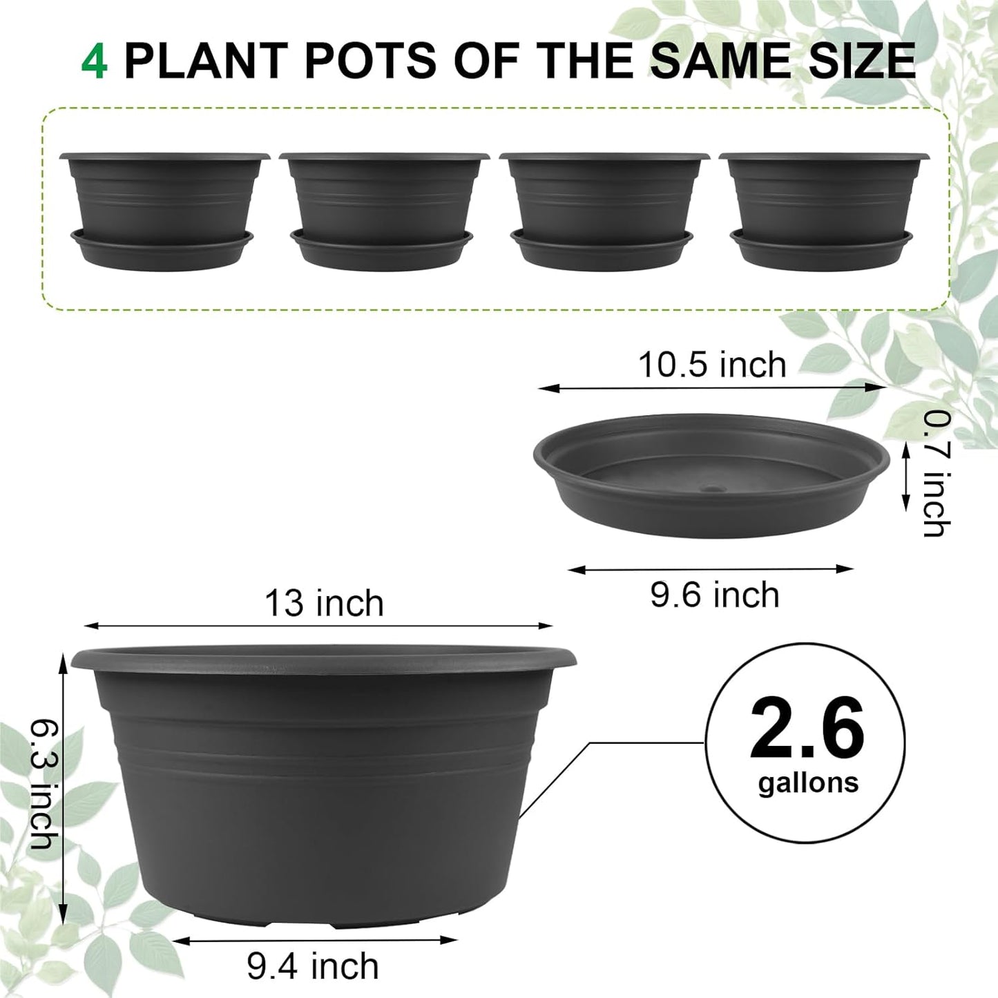 Large Flower Pots Set of 4 Pack 13 inch, Plant Pots Outdoor Planters with Drainage Hole & Tray Saucer, Decoration Plastic Pots for Plants for Indoor Outdoor Garden Home Plants Planter (Dark Gray)
