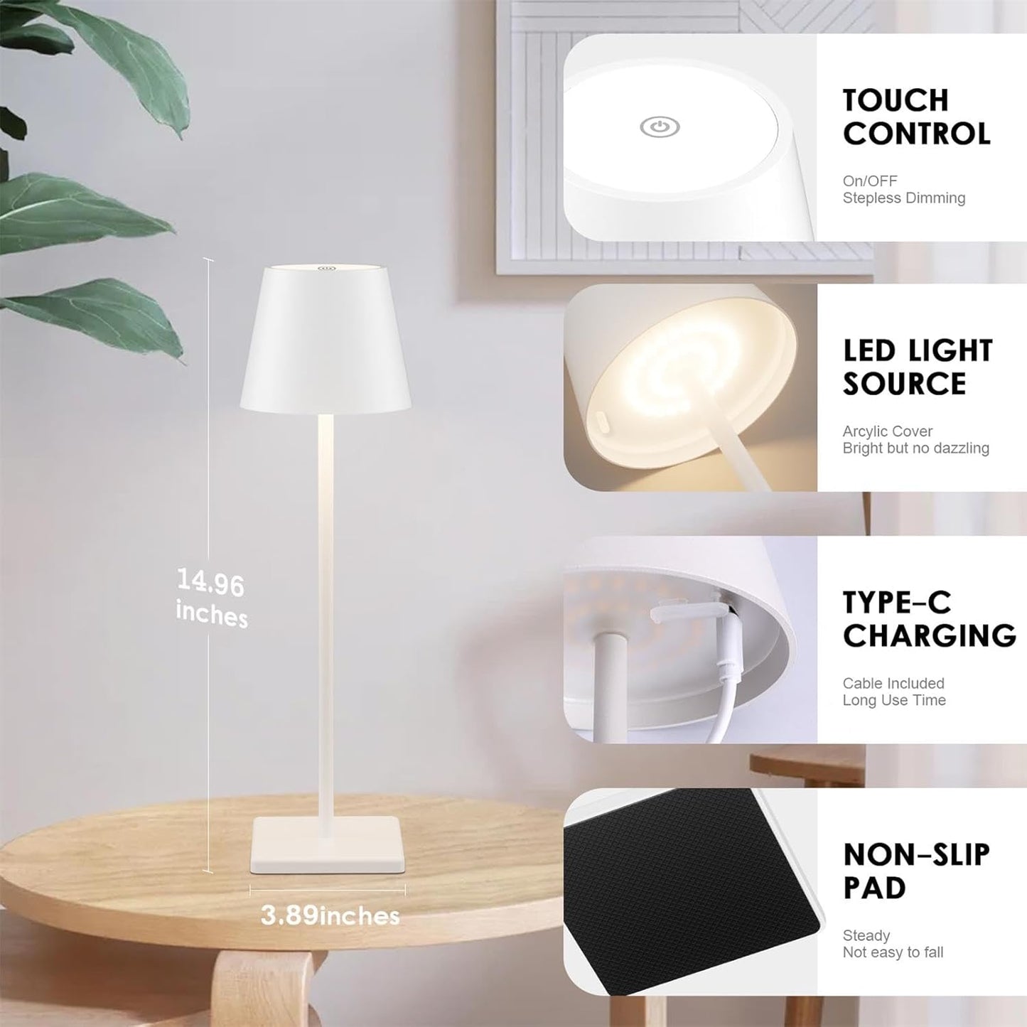 2-Pack Rechargeable Table Lamps, LED Cordless Table Lamp, 3W 5500mAh Battery Operated Table Light, Stepless Dimming Portable Table Light Waterproof for Restaurant/Indoor/Outdoor (White)