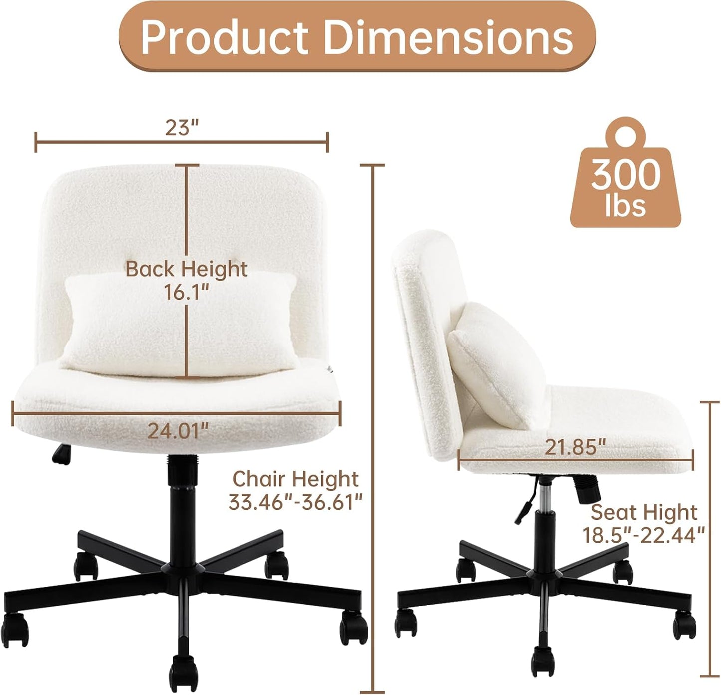 YFO Boucle Criss Cross Armless Home Office Chair with Replaceable Wheels/Fixed Base and Back Support for Living Room, Wide Seat Swivel Chair, White