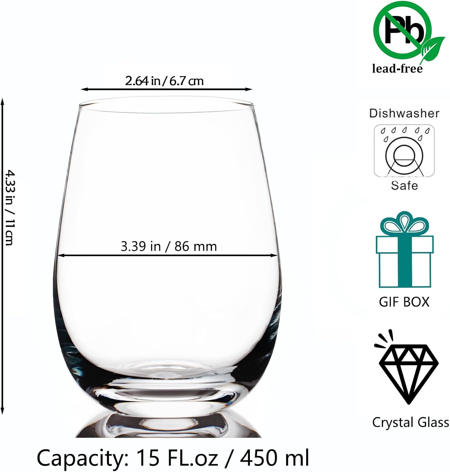 Premium Crystal Stemless Wine Glasses Set of 6, 15oz Lead-Free Red or White Wine Glass, Water Juice Glasses, All-Purpose Beverage Cups, Clear Drinking Tumblers in Gift Box, Dishwasher Safe