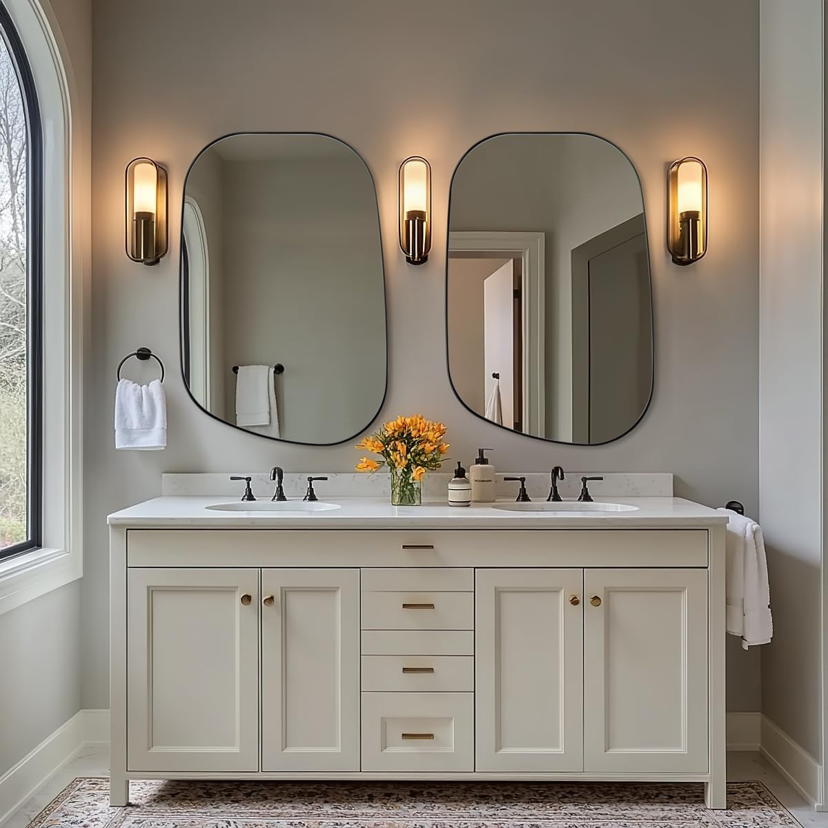 ANDY STAR 24"x36" Black Bathroom Mirror, Irregular Wall Mirror in Stainless Steel Metal Frame, Modern Matte Black Finish with Curved Edge Design, Wall-Mount Vertically or Horizontally