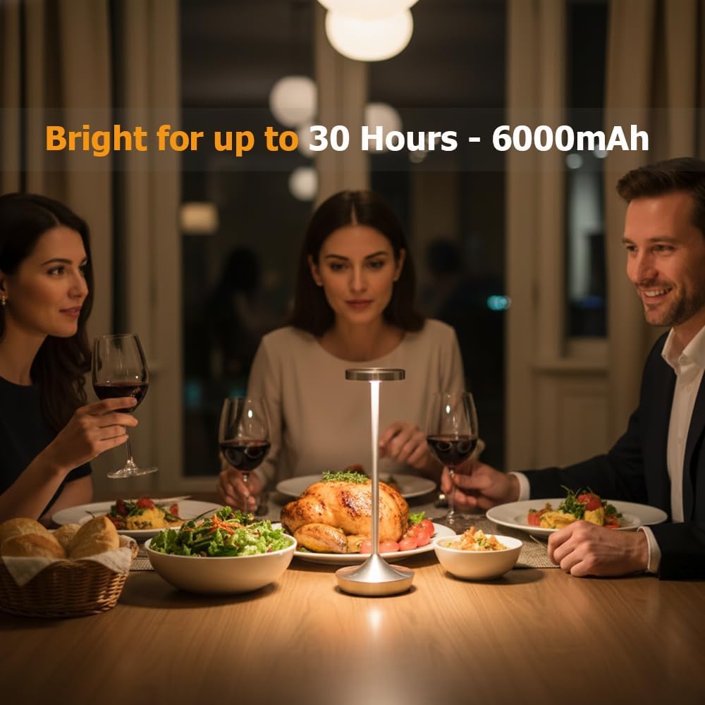 Cordless Table Lamp Rechargeable - 6000mAh LED Battery Operated Table Light - Portable Touch Dimmable Outdoor Waterproof Table Lamps for Patio Bar Restaurant Dining (2 Silver)