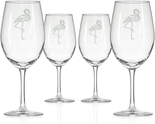 Rolf Glass Flamingo All Purpose Wine Glass | 18oz Large Stemmed Glasses | Lead-Free and Sand-Etched | Coastal and Tropical Engraved Flamingo Design | Made in the USA | Set of 4