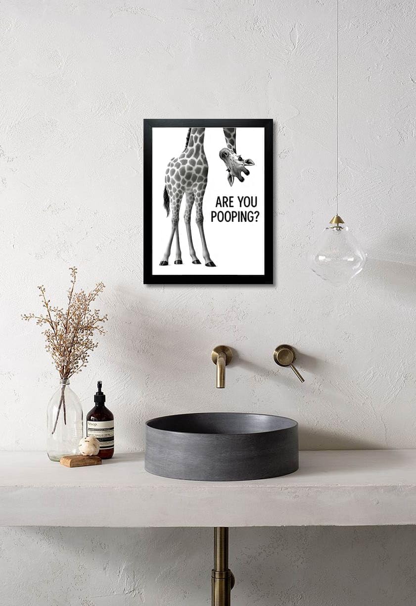 Funny Giraffe “Are You Pooping?” Bathroom Wall Art – 8×10″ Black & White Framed Print – Quirky Toilet Humor Home Décor (Giraffe, 10"L x 8"W, Framed)