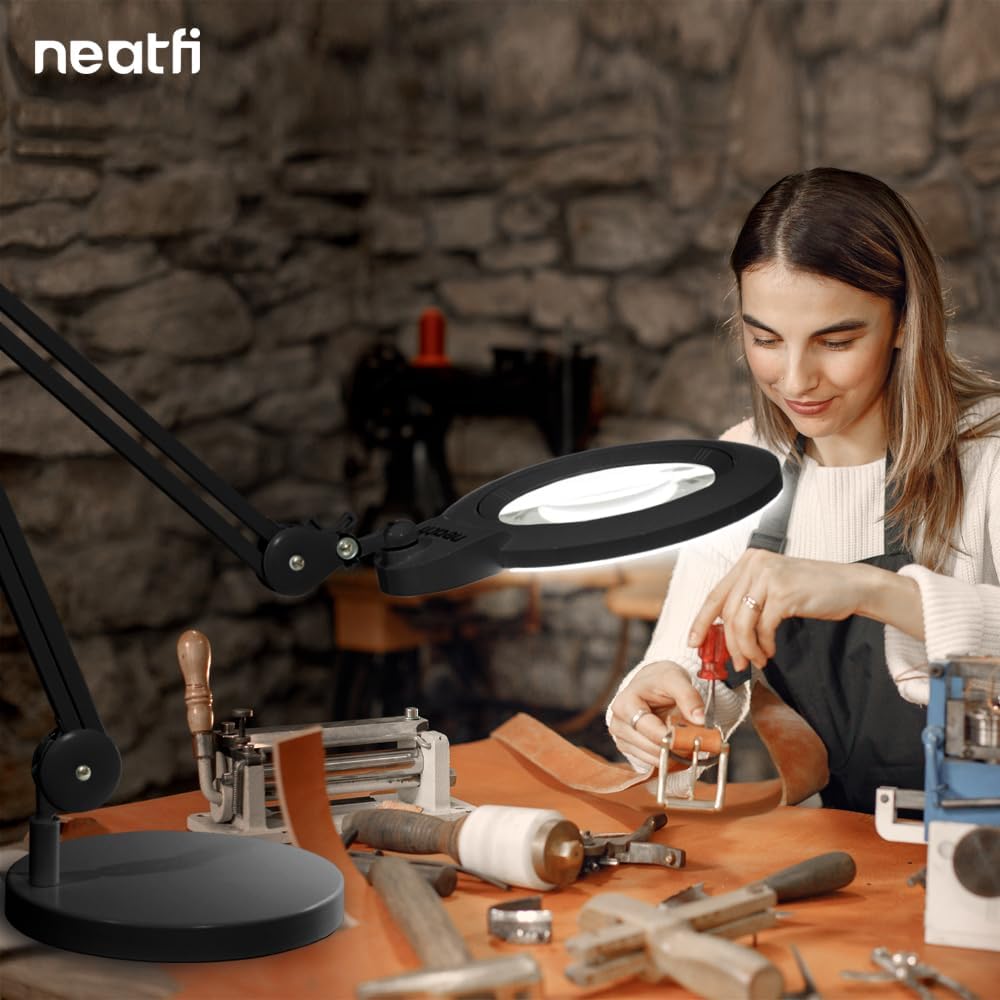 Neatfi XL Bifocal LED Magnifying Lamp, 7-Inch Acrylic Lens, 5D/20D Magnification, Hands-Free, Dimmable, 84 SMD LED, Adjustable Arm for Crafts, Reading, Close Work (Black, with Base)