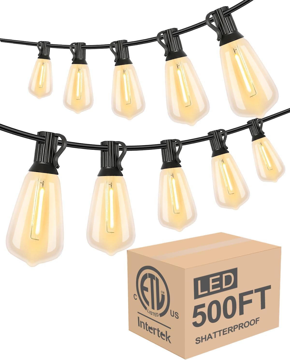 Lightdot 500FT Outdoor String Lights, LED Bistro String Lights with Shatterproof ST38 Vintage Bulbs, 2200K Dimmable, Waterproof Hanging Lights for Porch, Deck, Garden, Backyard, Balcony - ETL Listed