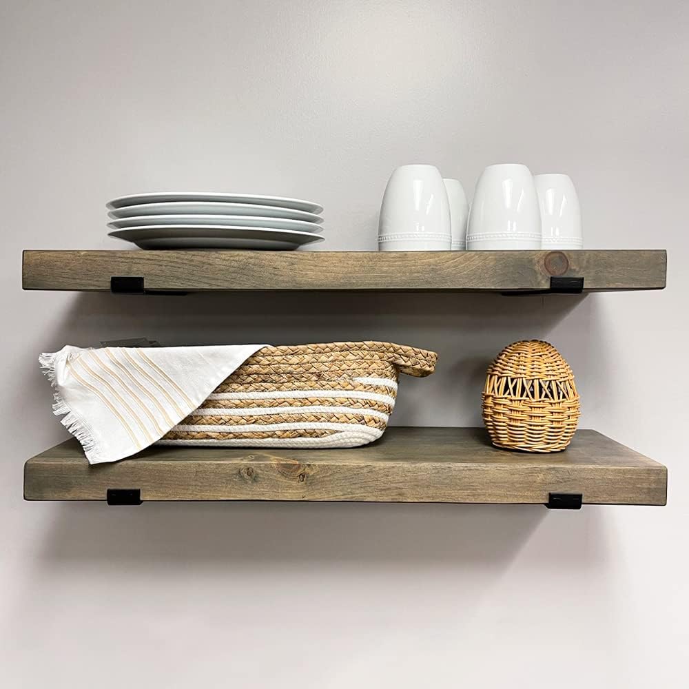Rustic Shelves with J-Brackets Set of 2, Industrial Shelf, Kitchen Shelves, Solid Wood, Decorative Wall Storage, Heavy Duty, URBANDI (Grey, 48Wx10D)