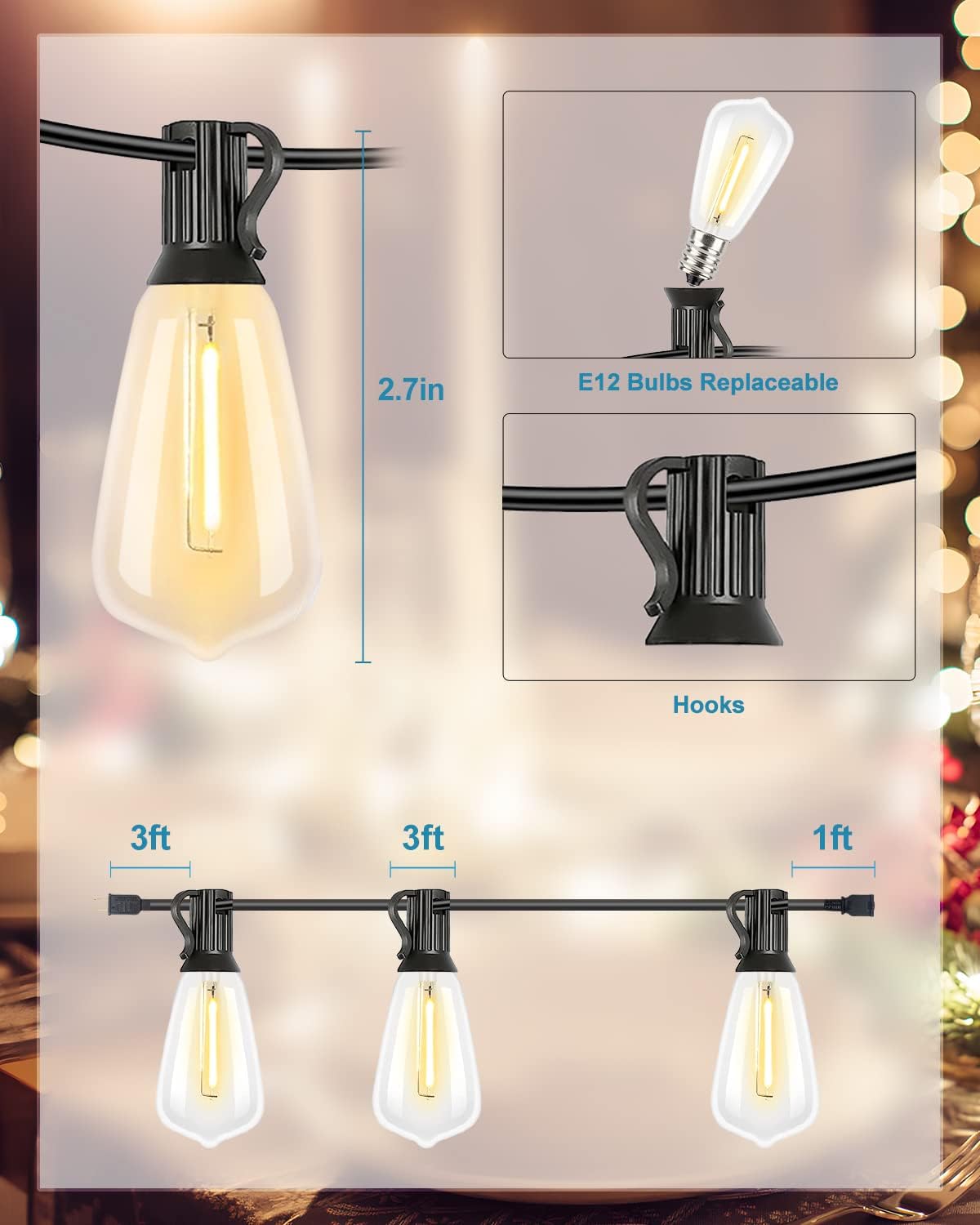 Lightdot 300FT Outdoor String Lights, LED Bistro String Lights with Shatterproof ST38 Vintage Bulbs, 2200K Dimmable, Waterproof Hanging Lights for Porch, Deck, Garden, Backyard, Balcony - ETL Listed