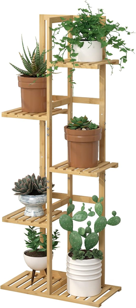 Laiensia Bamboo 5 Tier 6 Potted Plant Stand Rack Multiple Flower Pot Holder Shelf, Indoor&Outdoor Planter Display Shelves for Patio Garden, Living Room, Corner Balcony and Bedroom,Wood Color