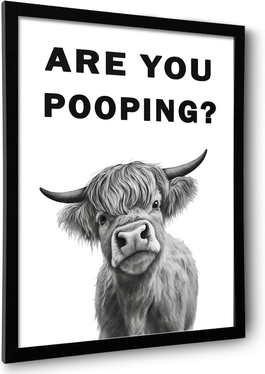 Funny Bathroom Wall Art – Are You Pooping Black and White Highland Cow Canvas, Framed Humor Print for Toilet Decor (Cow Are You Pooping, 10"L x 8"W, Framed)