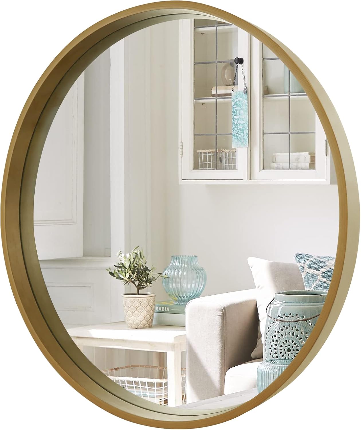 WallBeyond Round Mirror with Wood Frame, 28" Circle Modern Decoration Large Home Decor Mirror for Bathroom Living Room Bedroom Entryway (28" Diameter, Natural Wood)