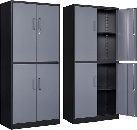 Yizosh Metal Storage Locking Cabinet with 4 Doors and 2 Adjustable Shelves,71" Lockable Garage Tall Steel Cabinet,for Home Office,Living Room,Pantry,Gym,Commercial Storage (Gray Black)