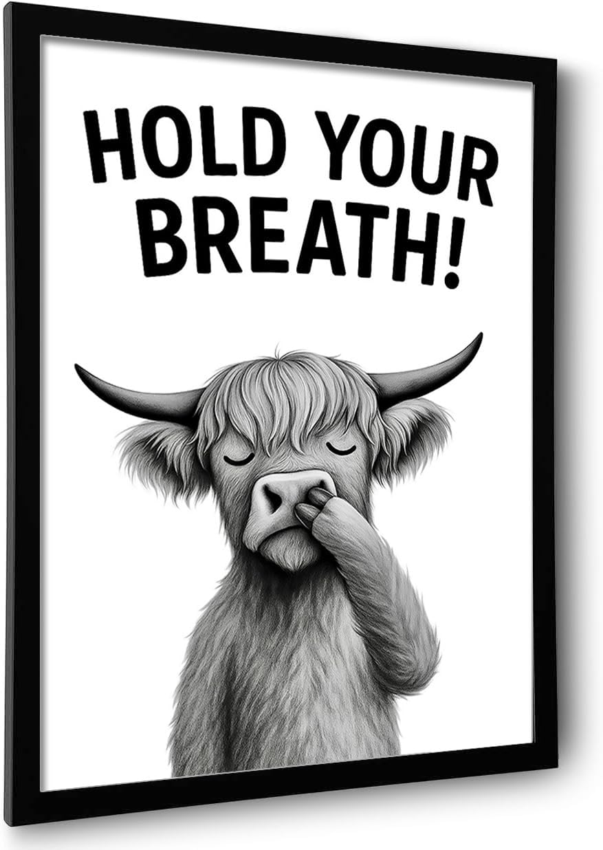 Funny Bathroom Wall Art - Highland Cow Nose Picking Canvas Print, Black and White Humorous Animal Picture, Modern Framed Decor for Home, Restroom (Cow Hold Your Breath, 10"L x 8"W, Framed)