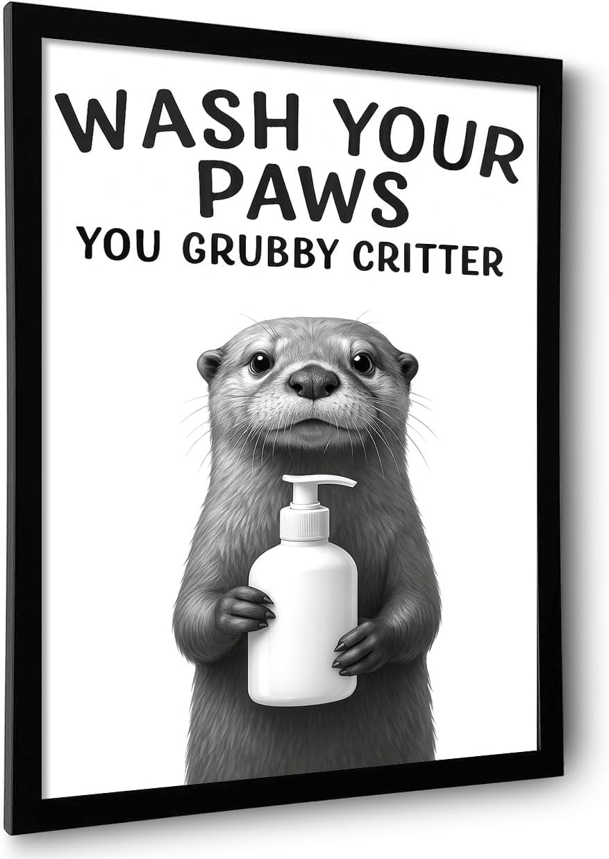 Funny Bathroom Wall Art - "Wash Your Paws" Black and White Framed Otter Print - Instant Ready to Hang Bathroom Wall Decor (Otter, 10"L x 8"W, Framed)