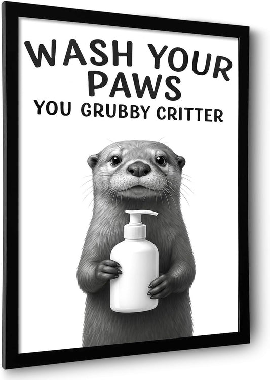 Funny Bathroom Wall Art - "Wash Your Paws" Black and White Framed Otter Print - Instant Ready to Hang Bathroom Wall Decor (Otter, 10"L x 8"W, Framed)