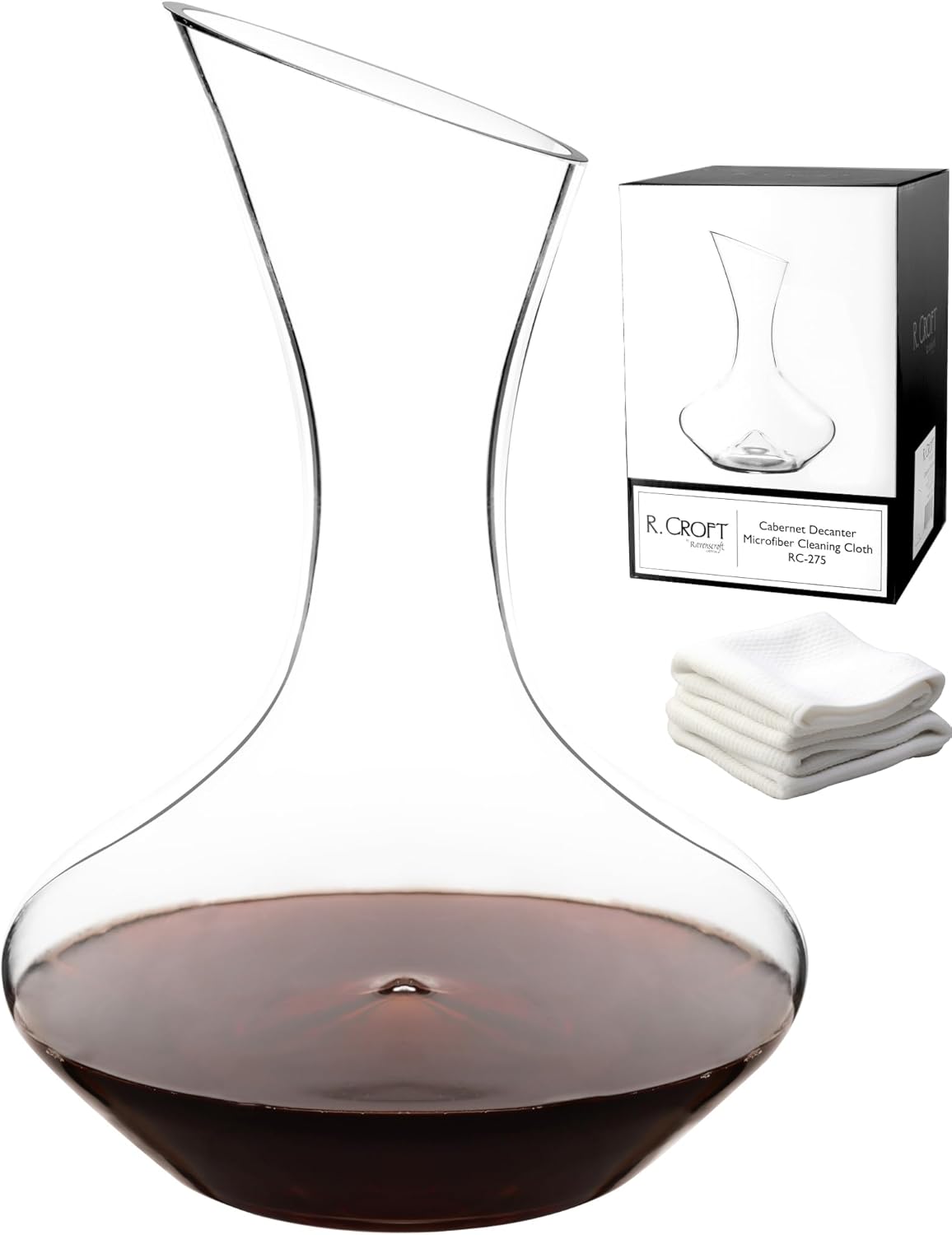 Elegant Hand-Blown Cabernet Wine Decanter/Carafe | 41 FL Oz (1212 ml) | Free Premium Microfiber Cleaning Cloth | 100% Lead-Free Crystal | Gift Box