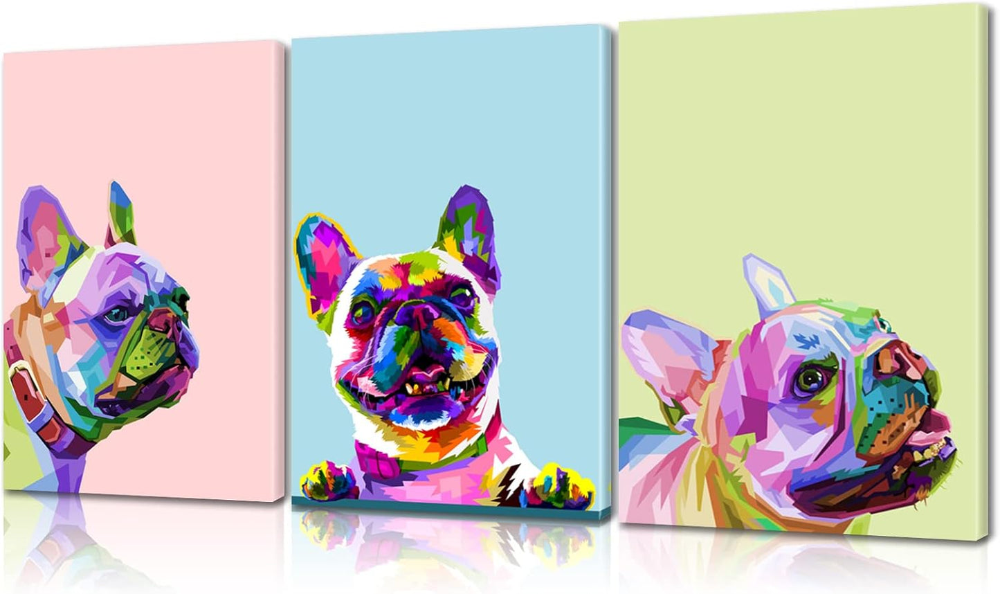 3 Piece French Bulldog Wall Art Dog Canvas Wall Art - French Bulldog Painting with Built-in Wooden Frame (24x36x3 inches) - Lightweight & Ready to Hang, for Living Room, Animal Wall Decor for Pet Shop & Pet Hospital