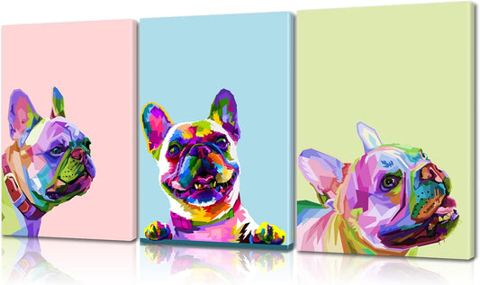 3 Piece French Bulldog Wall Art Dog Canvas Wall Art - French Bulldog Painting with Built-in Wooden Frame (24x36x3 inches) - Lightweight & Ready to Hang, for Living Room, Animal Wall Decor for Pet Shop & Pet Hospital