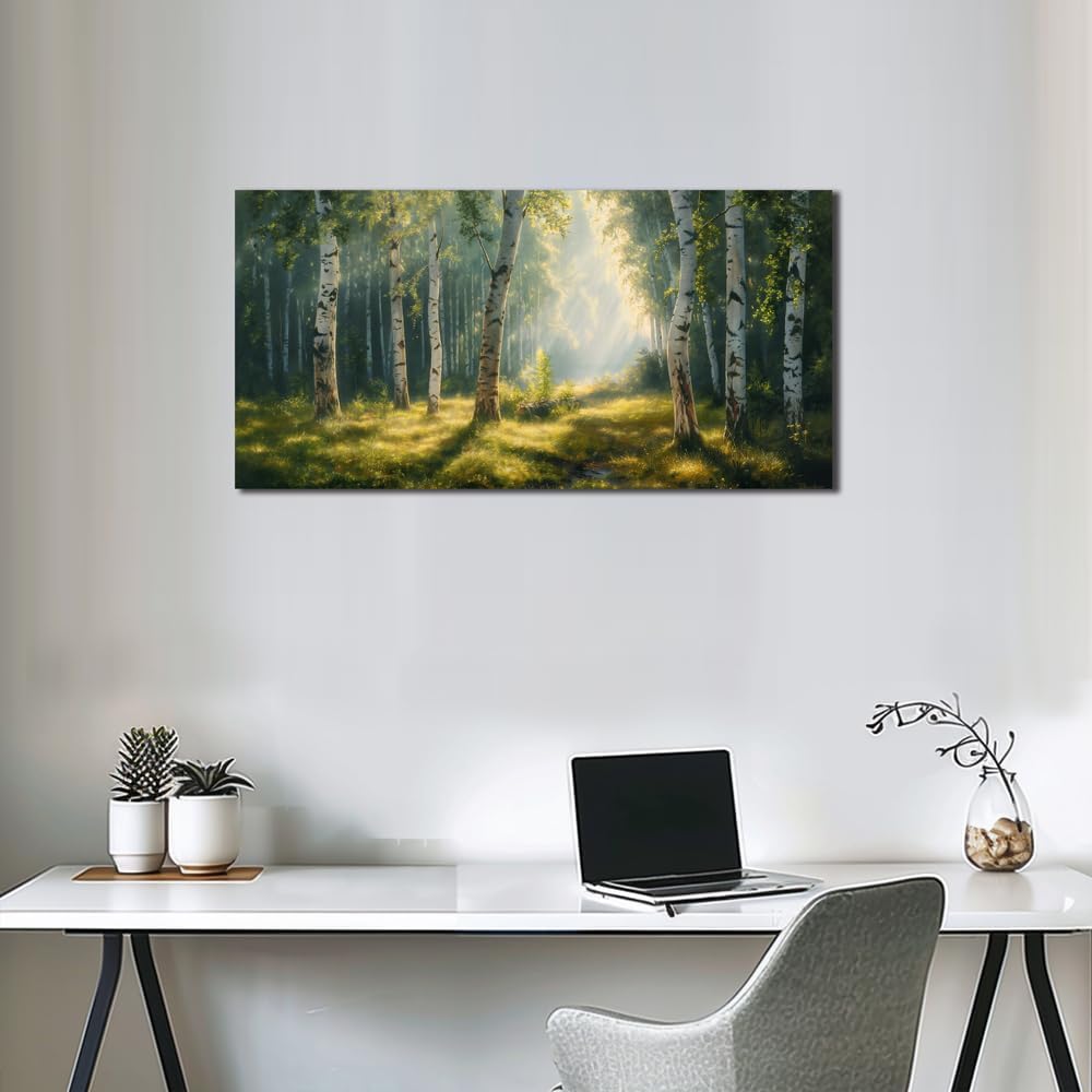 Nature Wall Art Forest Scenery Wall Art Landscape Pictures Green Birch Tree Canvas Print Beautiful Painting Decor for Living Room Mountain Canvas for Home Office Decorations 20x40Inch