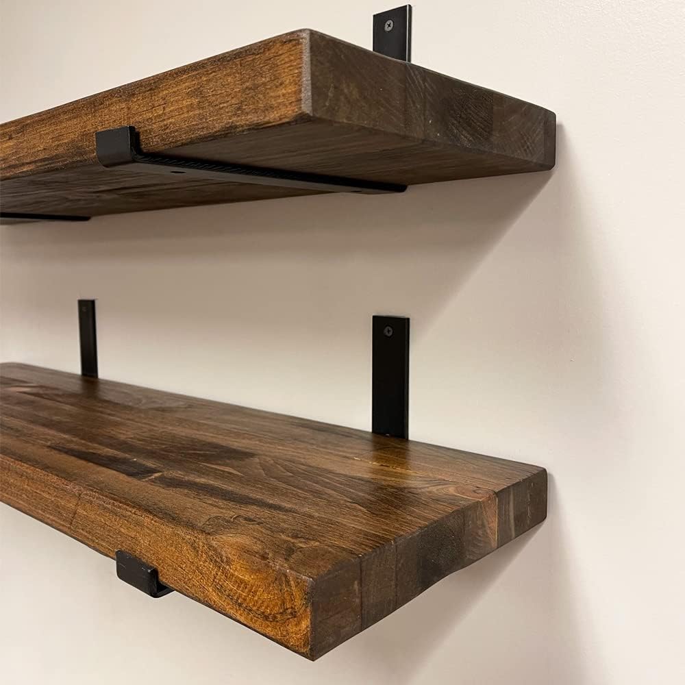Rustic Shelves with J-Brackets Set of 2, Industrial Shelf, Kitchen Shelves, Solid Wood, Decorative Wall Storage, Heavy Duty, URBANDI (Provincial, 12Wx8D)
