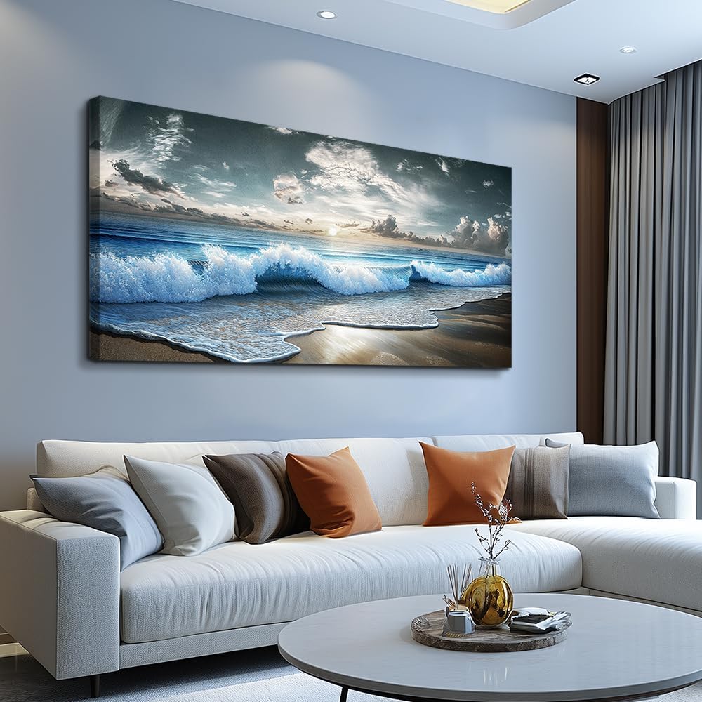 MHARTK66 Blue Ocean Canvas Wall Art Large Paintings For Living Room Landscape Nature Artwork For Walls Beach Wall Decor For Bedroom Wall Art Waves Pictures For The Dining Room Easy Hanging 20x40