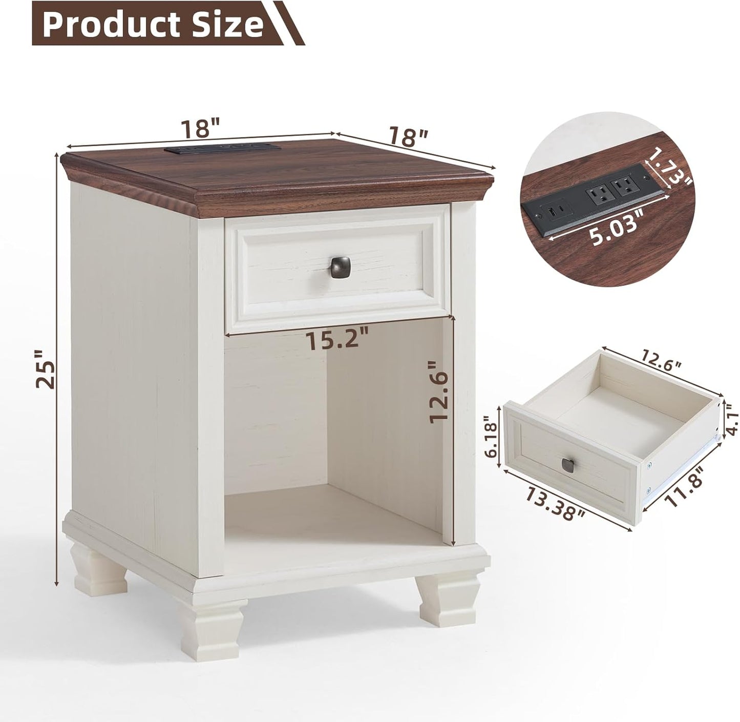 Farmhouse End Tables Living Room with Drawer, Rustic Wood Nightstand with Charging Station, Bedside Table with Open Shelf for Bed Room, Living Room, White