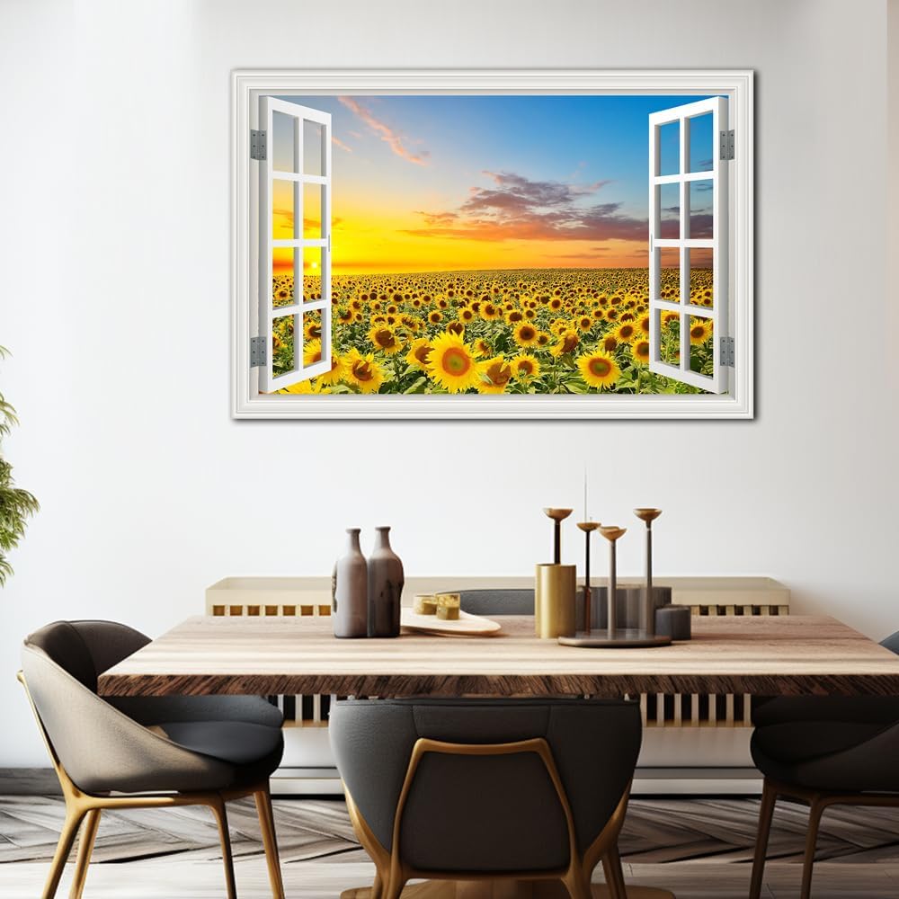 Sunflower Wall Art Decor Flower Canvas Pictures for Living Room Rustic Painting for Wall Window Style Sunset Art Prints for Bedroom Nature Floral Landscape Artwork for Home Office Kitchen Decorations,